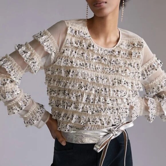 LetMeBe Anthropologie Silver Sequins Taupe Tulle Ruffles Blouse Size M - Picture 1 of 7